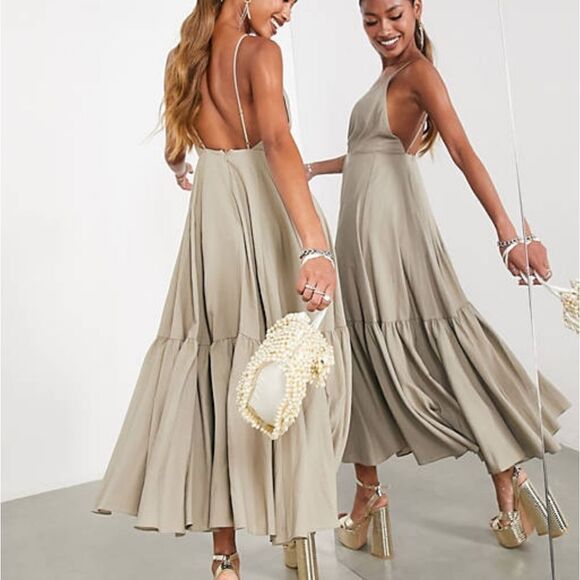 ASOS full cami dress with tiered‎ hem & cut-out detail in sand NWT pkg unopened - Picture 3 of 6
